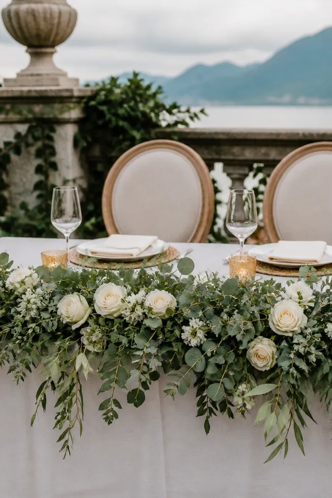 Sage green and ivory floral garland draped along tablefront