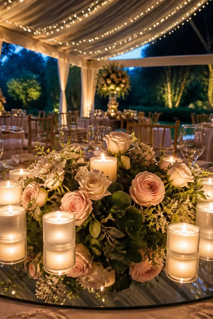 Mirror tray with white rose clusters and tall pillar candles