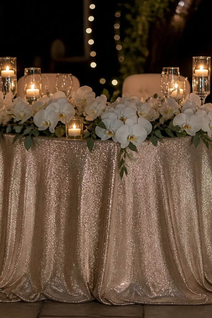 Champagne glimmer table skirt with a low line of white orchids