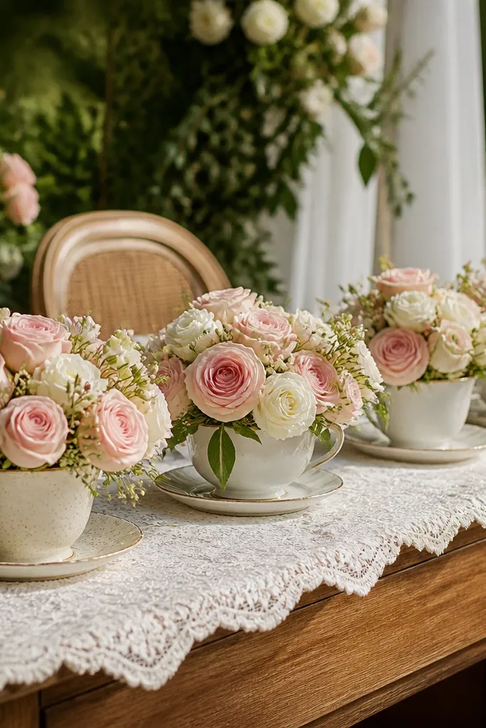 Cream lace runner with rosebuds in teacups and tiny candles