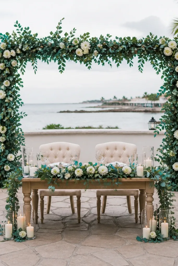 Teal and ivory floral frame behind table with low candles and greenery