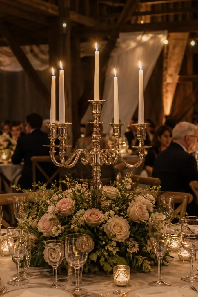 Warm white candles on a candelabra with blush rose centerpiece