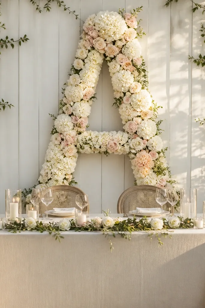 Monogram initial made of florals behind table with low garden centerpiece