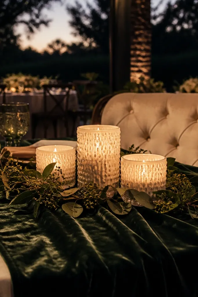 Forest green velvet runner with cream candles in milk glass and scattered greenery
