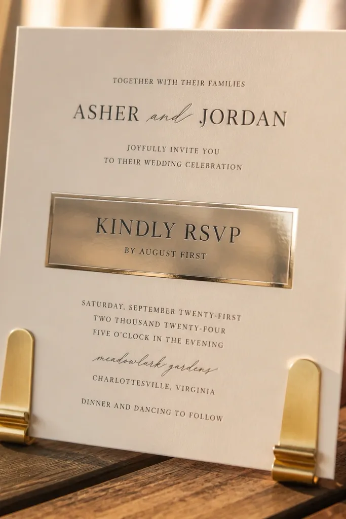 Cream wedding invite with a glossy spot-UV rectangle highlighting RSVP text.