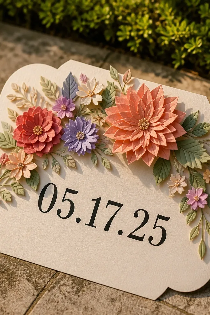 Off-white invite with a die-cut corner showing a small flower cutout and bold date text.