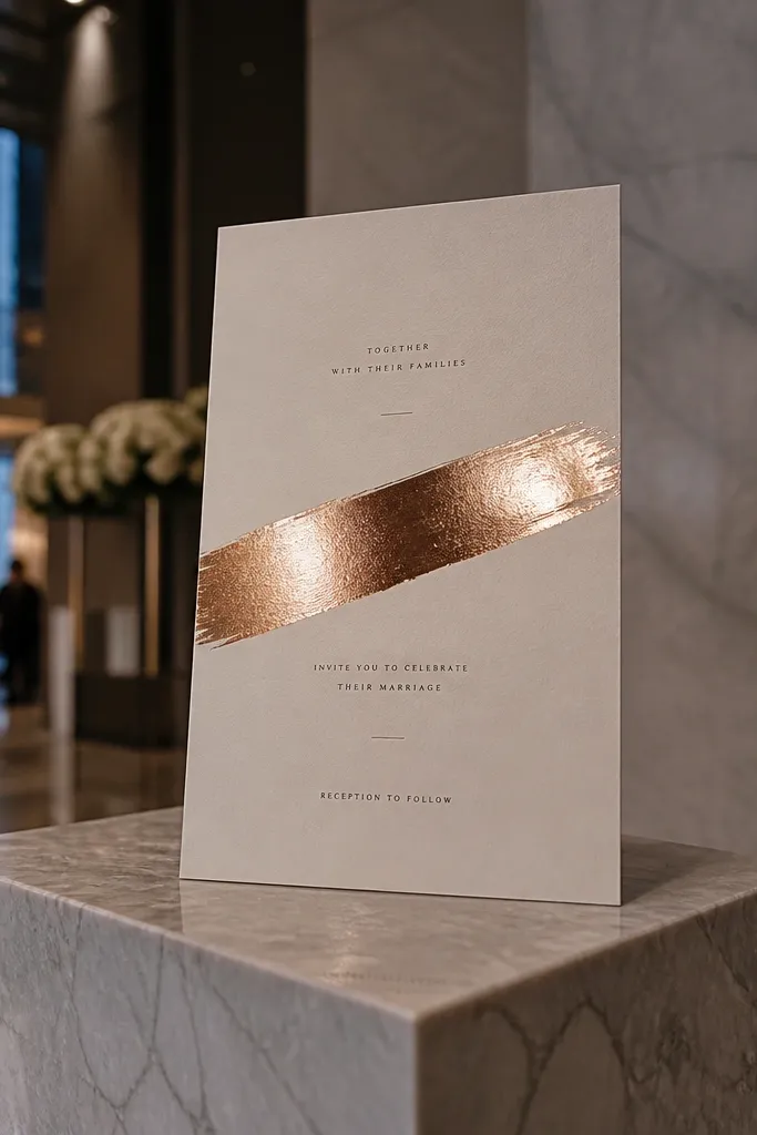 Ivory wedding card with a thin gold foil script line across the center.