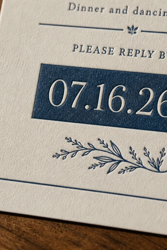 Cream invite with a reverse-printed date area in dark ink for a pressed look.