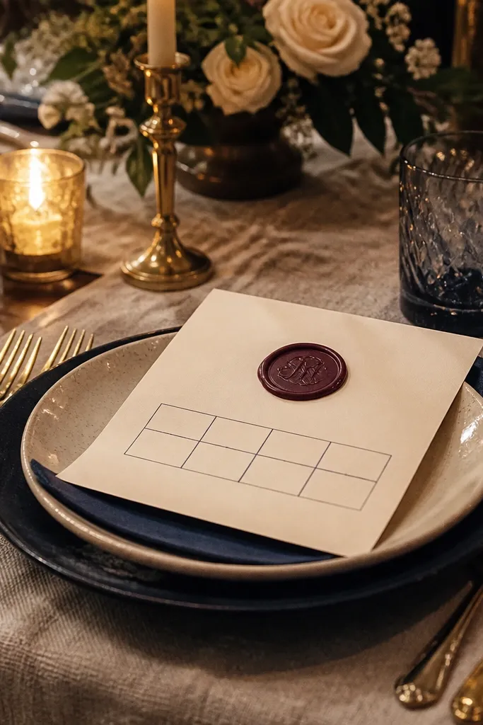 White card with a round faux wax seal holding a monogram and wedding details below.