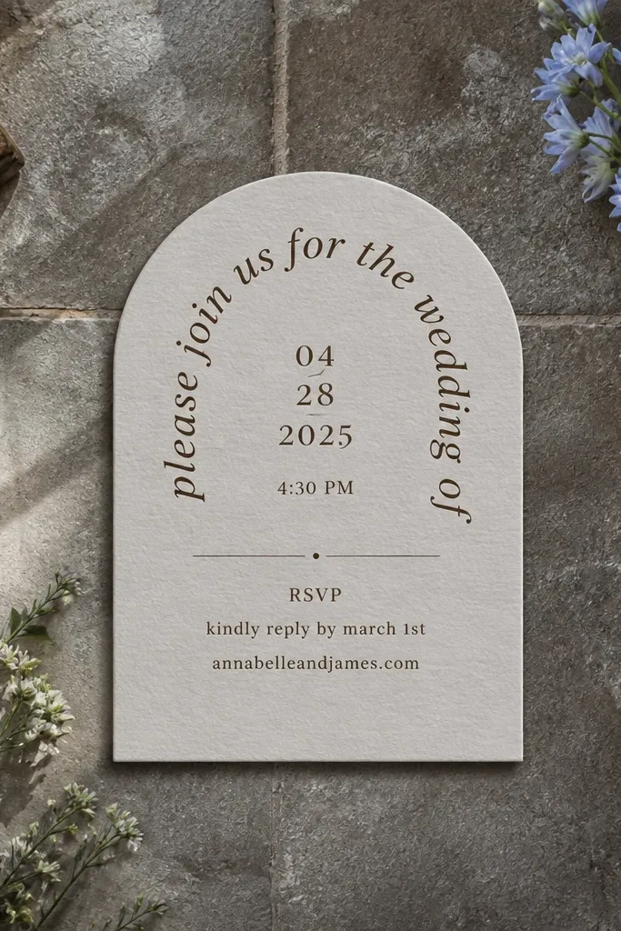 Folded invite with an arch-shaped top and curved lettering framing the couple names.