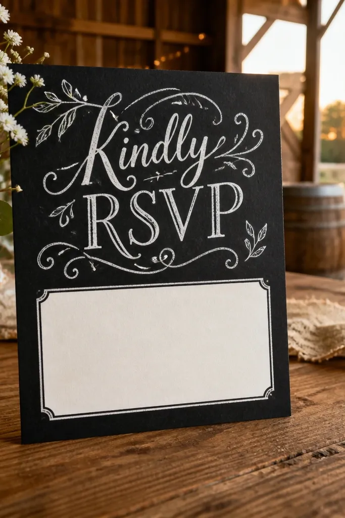 Dark gray card with chalk-like lettering and a bright block behind RSVP text.