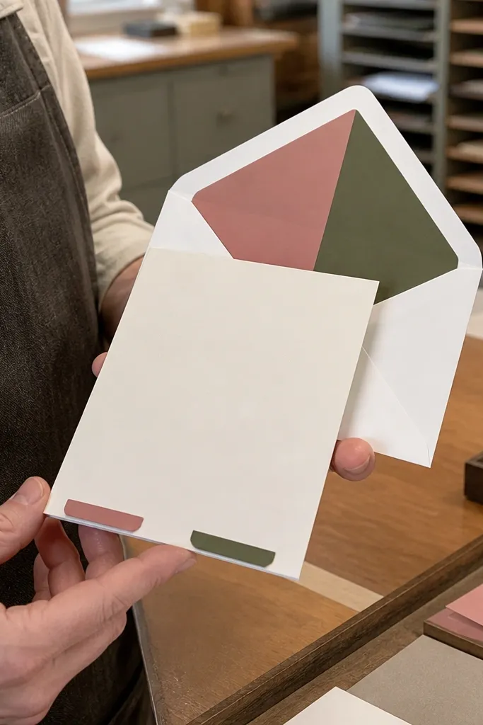 Invite with small tab accents in two colors that echo the envelope liner palette.