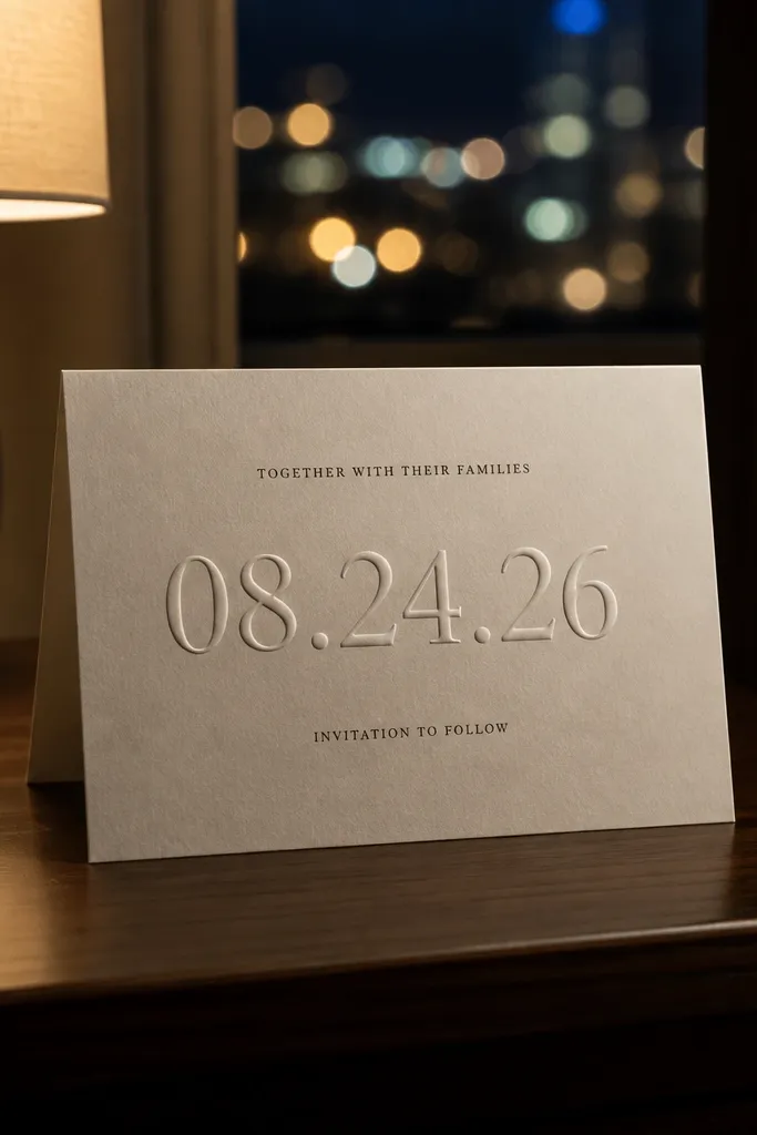 White minimalist invite with an embossed raised date and subtle ink text.