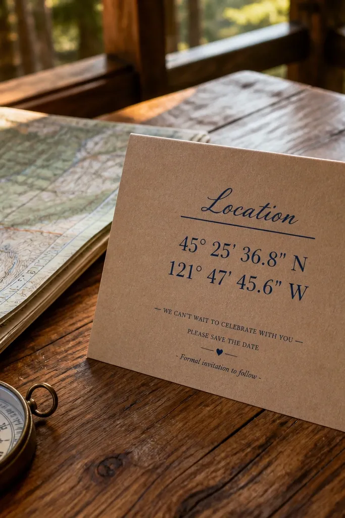 Kraft invite with navy foil text and small coordinate lines near the address.