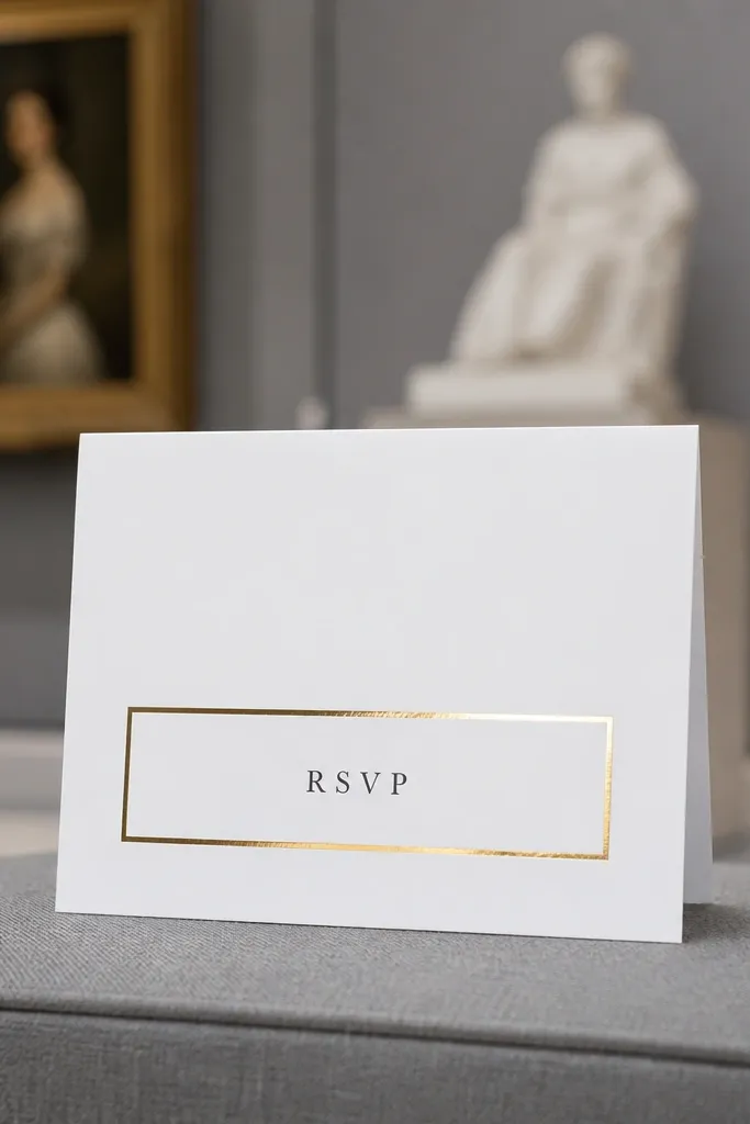 White invite with a thin gold glossy rectangle framing the RSVP deadline.