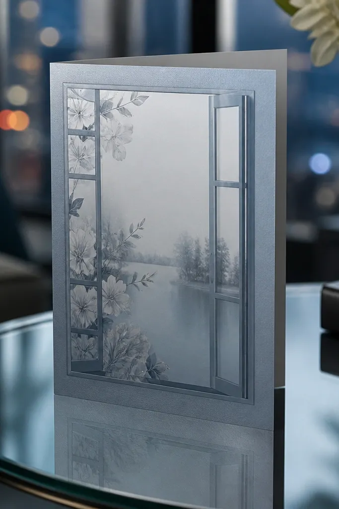 Ivory invite with a printed window-like panel giving a see-through overlay effect.