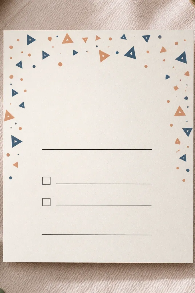 White card with a geometric confetti border and a centered RSVP block in bold type.
