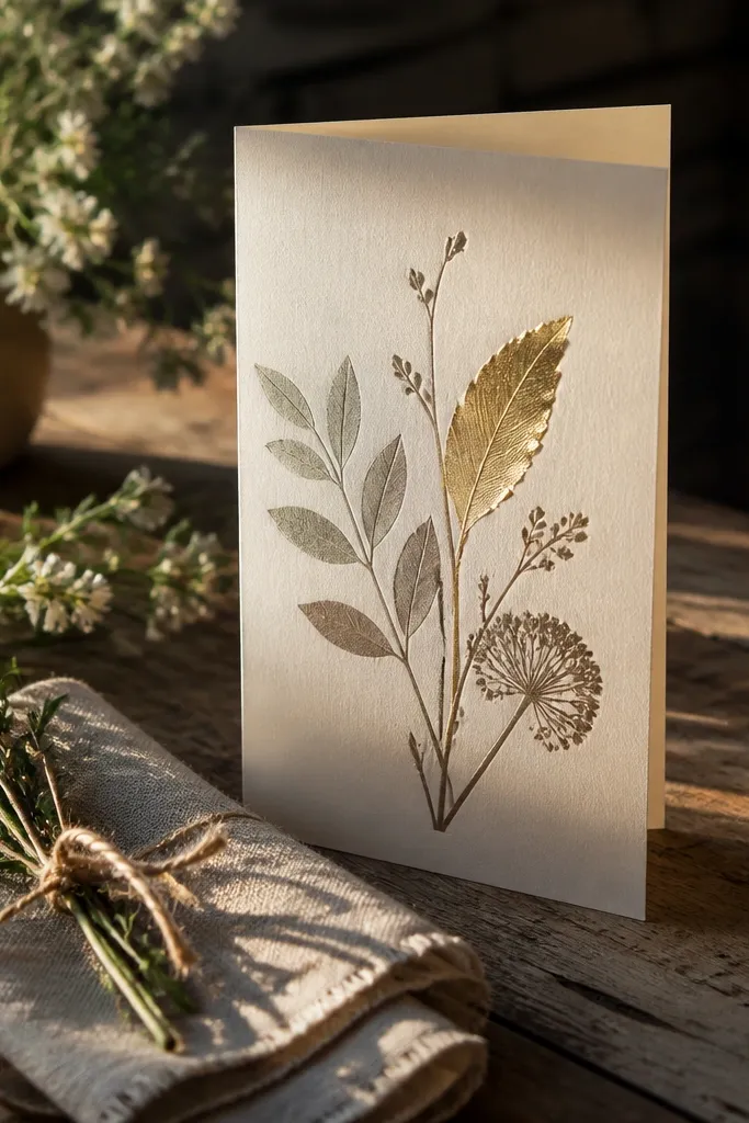 Ivory card with botanical silhouette and one small gold foil leaf near the corner.