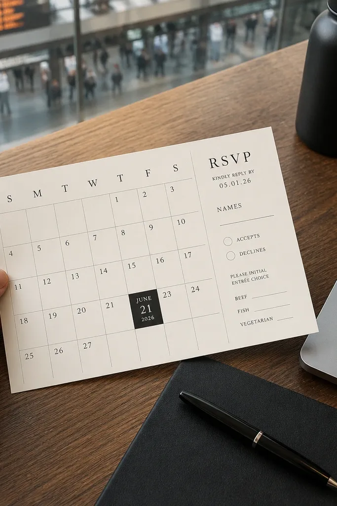 Wedding invite with a small calendar grid showing the wedding day and RSVP info.