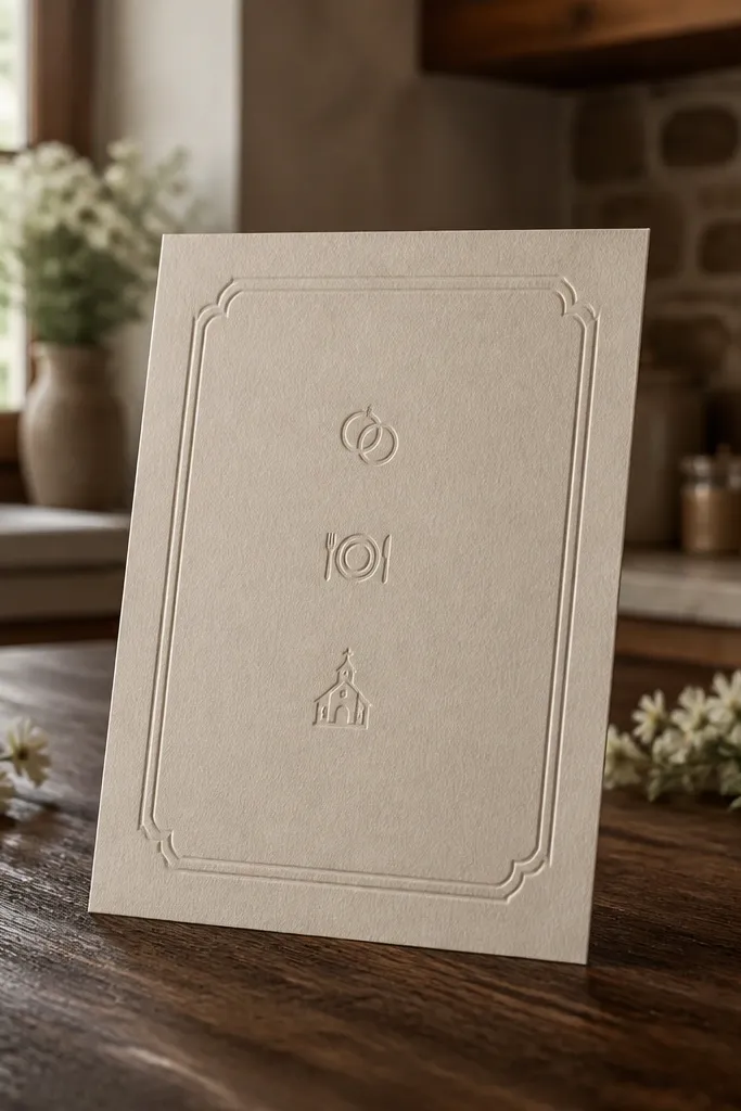 White invite with a raised border and small icons next to RSVP lines.