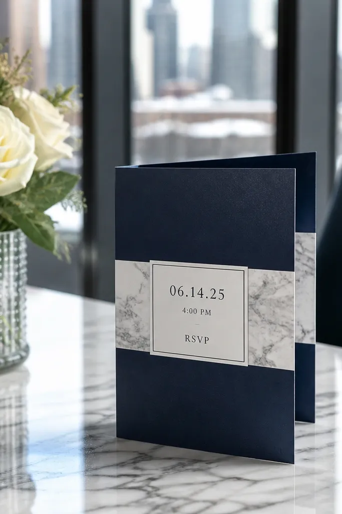 Navy folded invite with a pale marble band across the center and bright RSVP text.