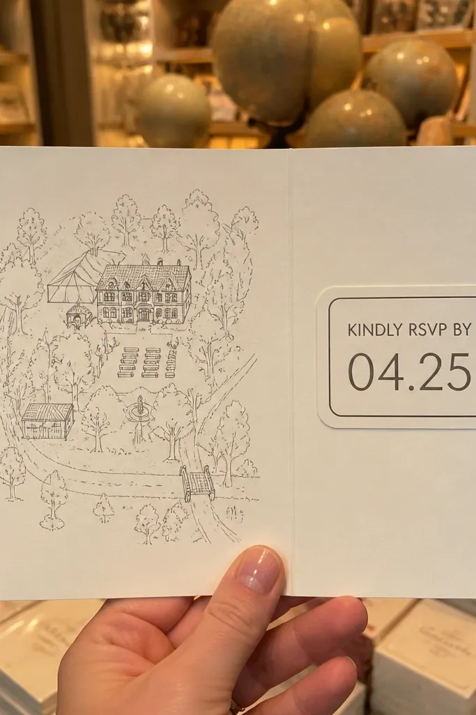 Invite with a simple line-art map and a small sticker-like deadline panel.