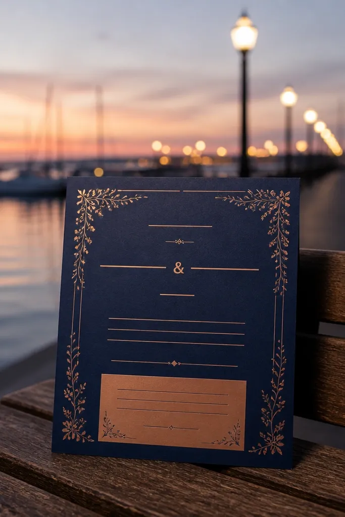 White card with a two-color serif banner and bold RSVP area in contrasting ink.