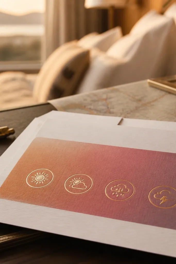 Sunset gradient strip with gold foil weather icons and clean RSVP text box.