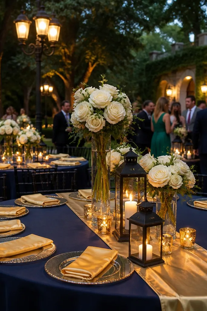 Navy table runner with champagne candles and white roses on a reception table