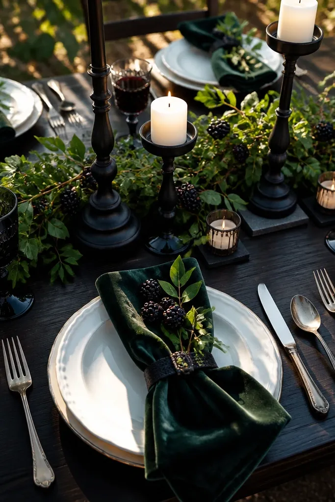 Forest green greenery with cream tablecloth and deep berry floral accents