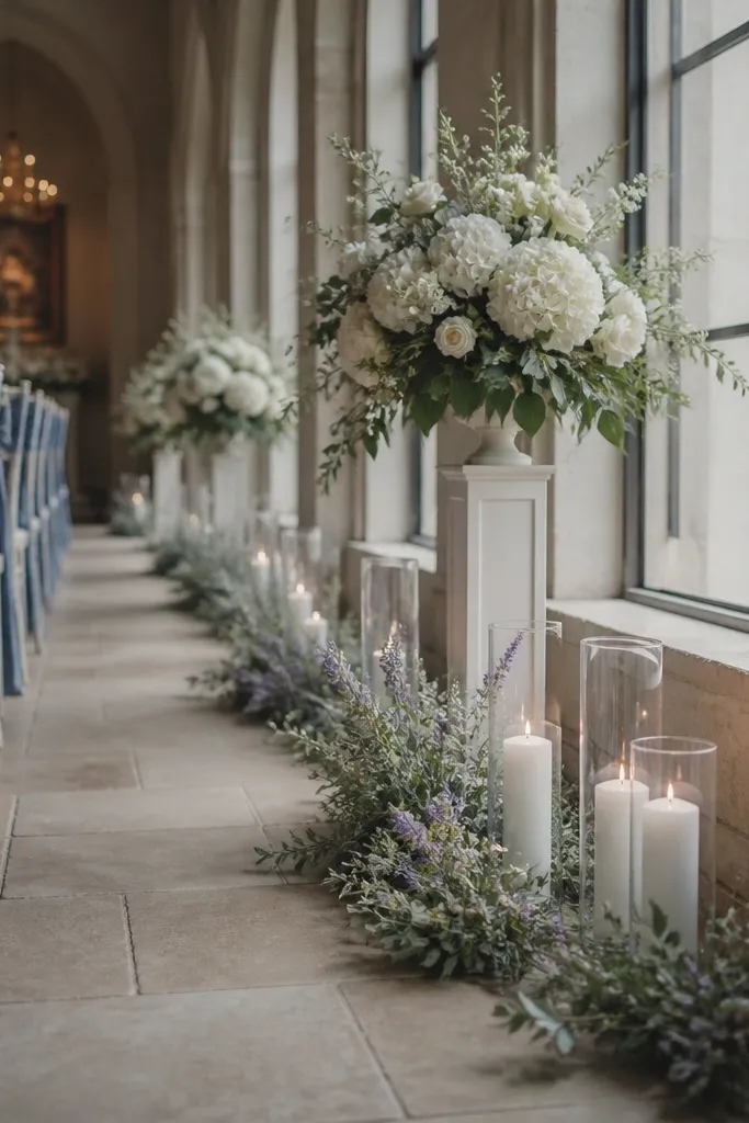 Slate blue napkins with soft white table settings and dusty lavender florals