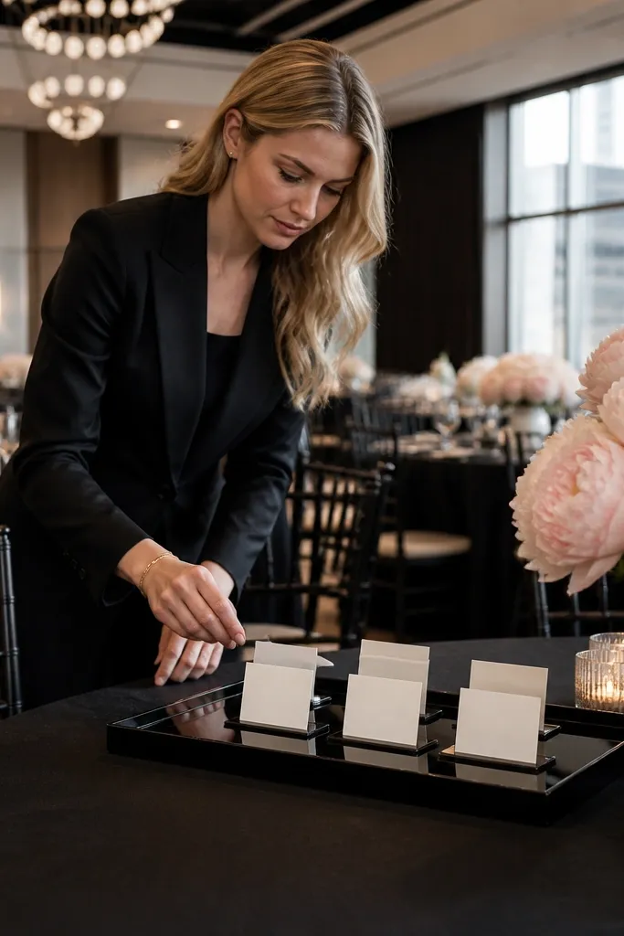 Black table linens with cream candles and blush peonies in arrangements