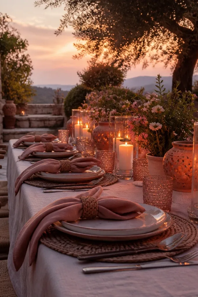 Dusty rose napkins with taupe table runners and warm white candlelight
