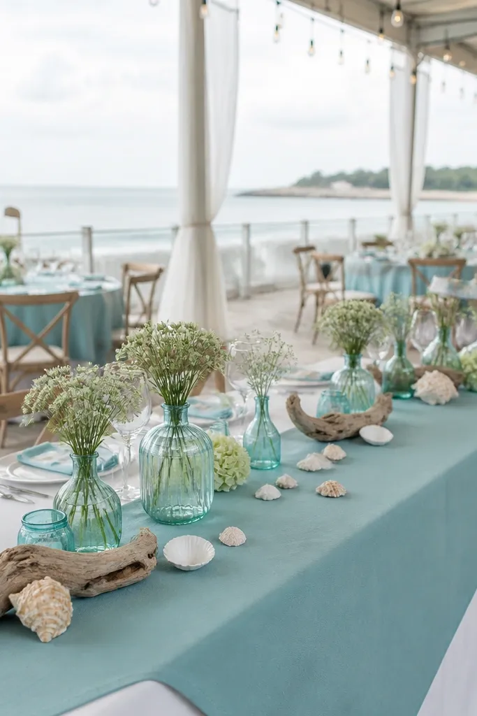 Teal table runner with white linens and sea-glass mint floral accents