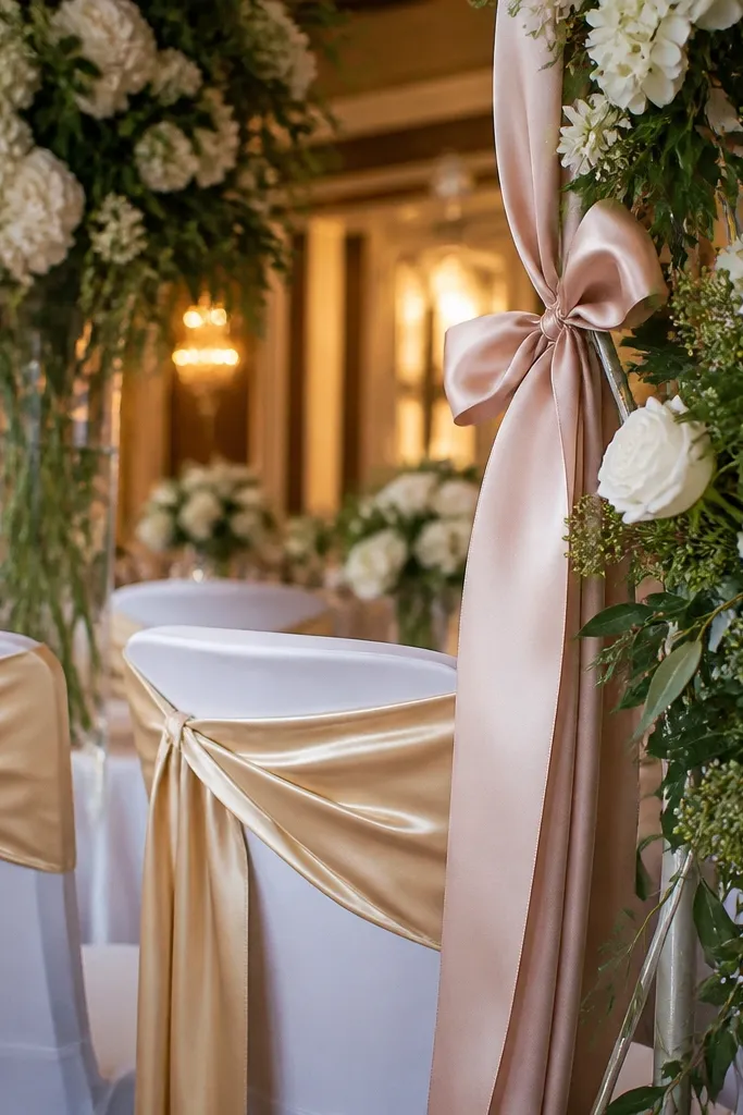 Champagne gold candles with white table linens and blush silk ribbon details