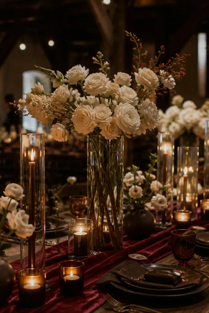 Burgundy napkins with ivory linens and dark espresso floral accents
