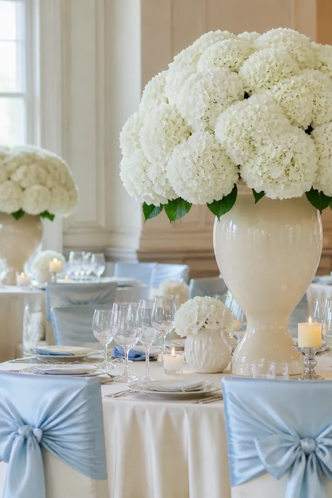 Powder blue napkins with buttercream table linens and white hydrangea bouquets