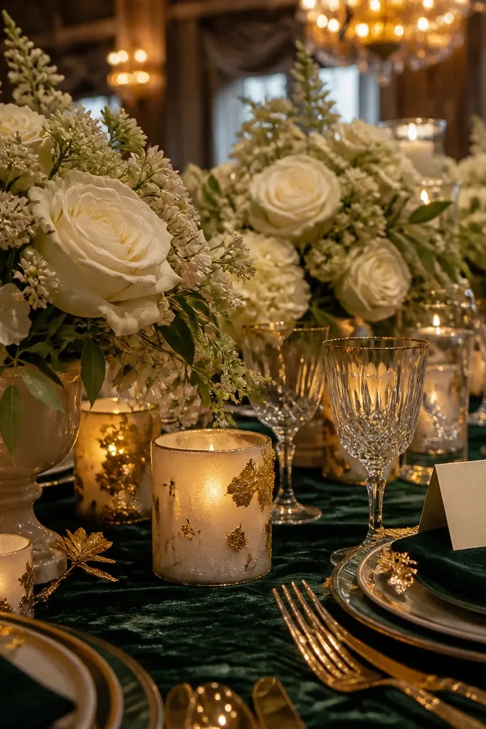 Emerald green table runner with ivory florals and small gold leaf accents