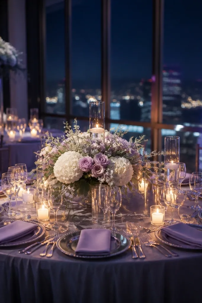 Lilac napkins with soft white table settings and silver gray floral accents