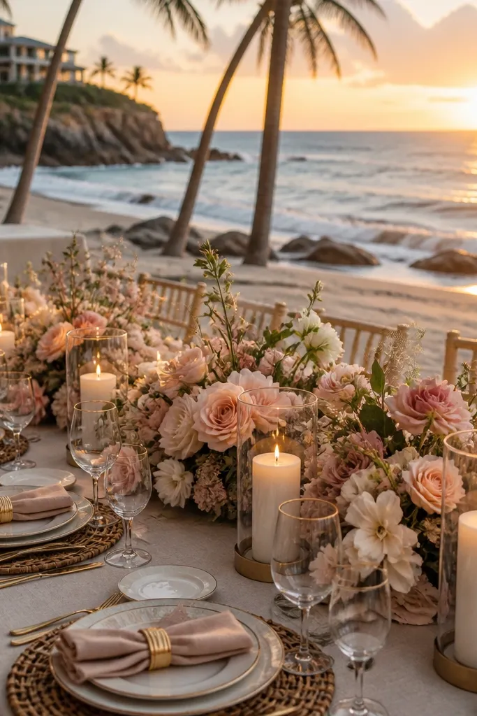 Blush florals with champagne candle holders and warm sand-toned linens