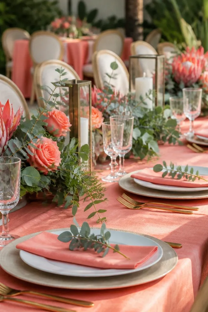Coral peach napkins with cream linens and teal-green leaf accents