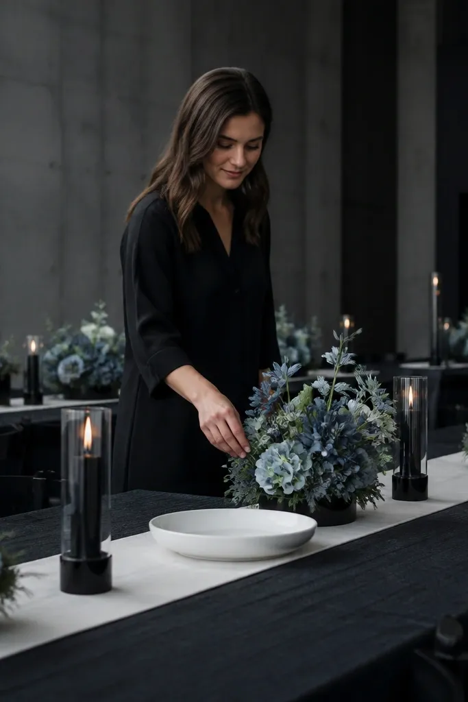 Charcoal chair sashes with white tablecloth and dusty blue floral accents