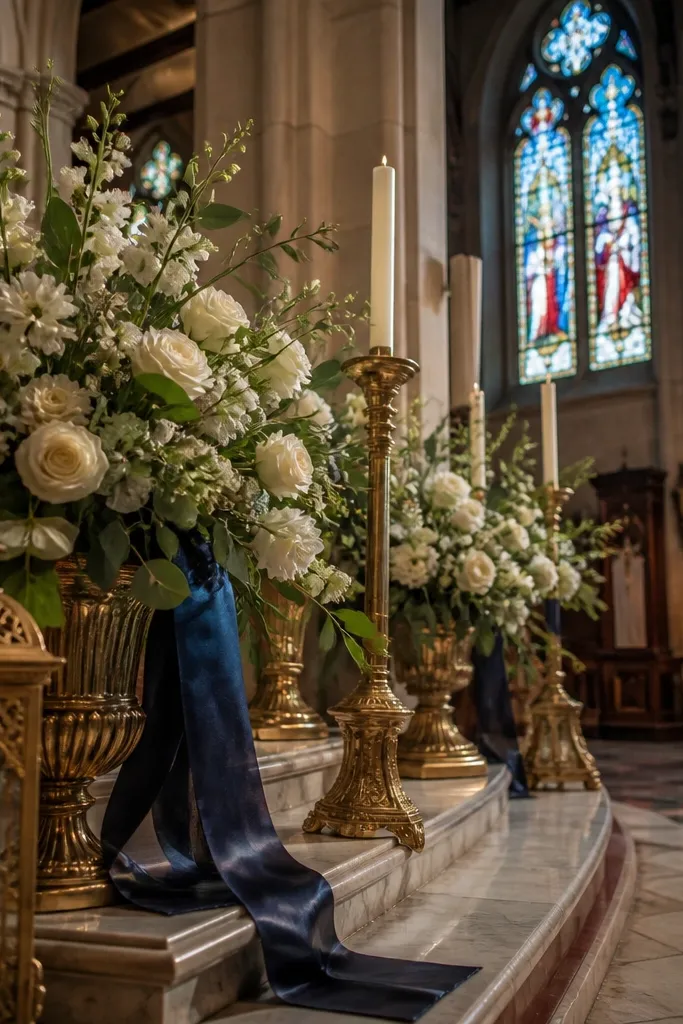 Ivory linens with dusty navy napkins and antique brass candle holders