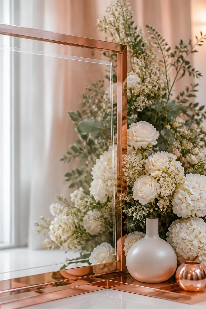 White linens with rose-gold blush accents and soft sage greenery