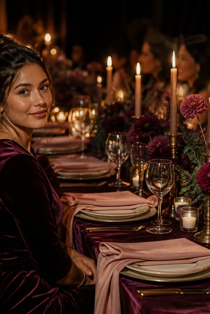 Plum table runner with blush florals and brass candle holders in warm light