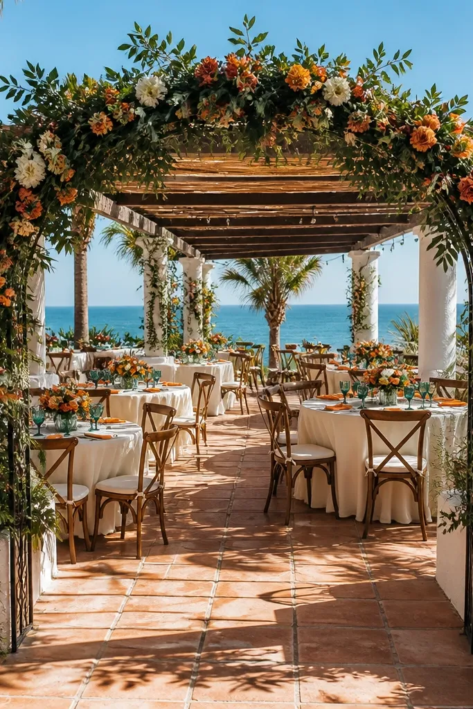 Orange citrus centerpieces with cream linens and teal glass candles by water