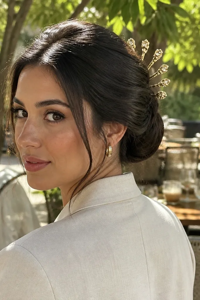 Low bun with soft waves and small pins near the top