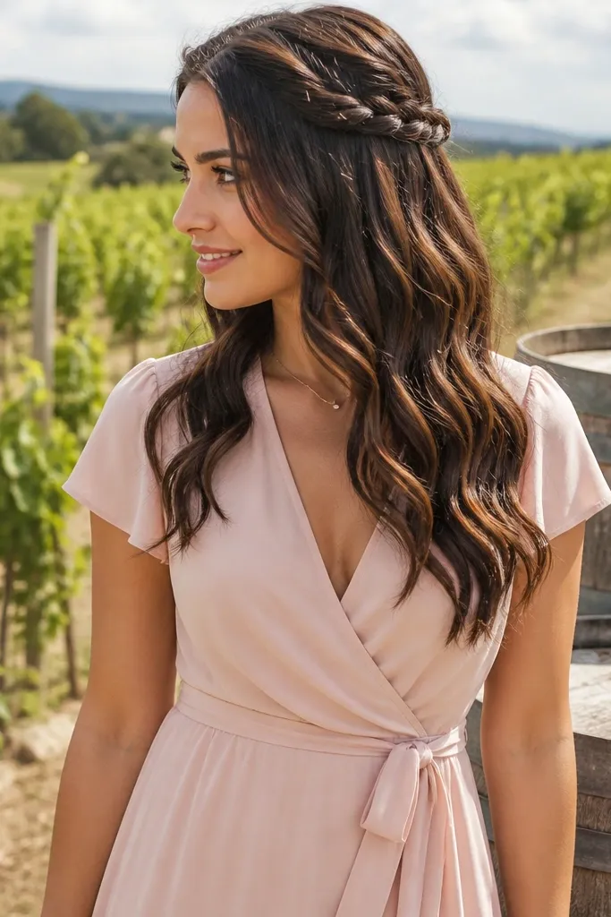 Half-up hairstyle with twist strands falling like a waterfall