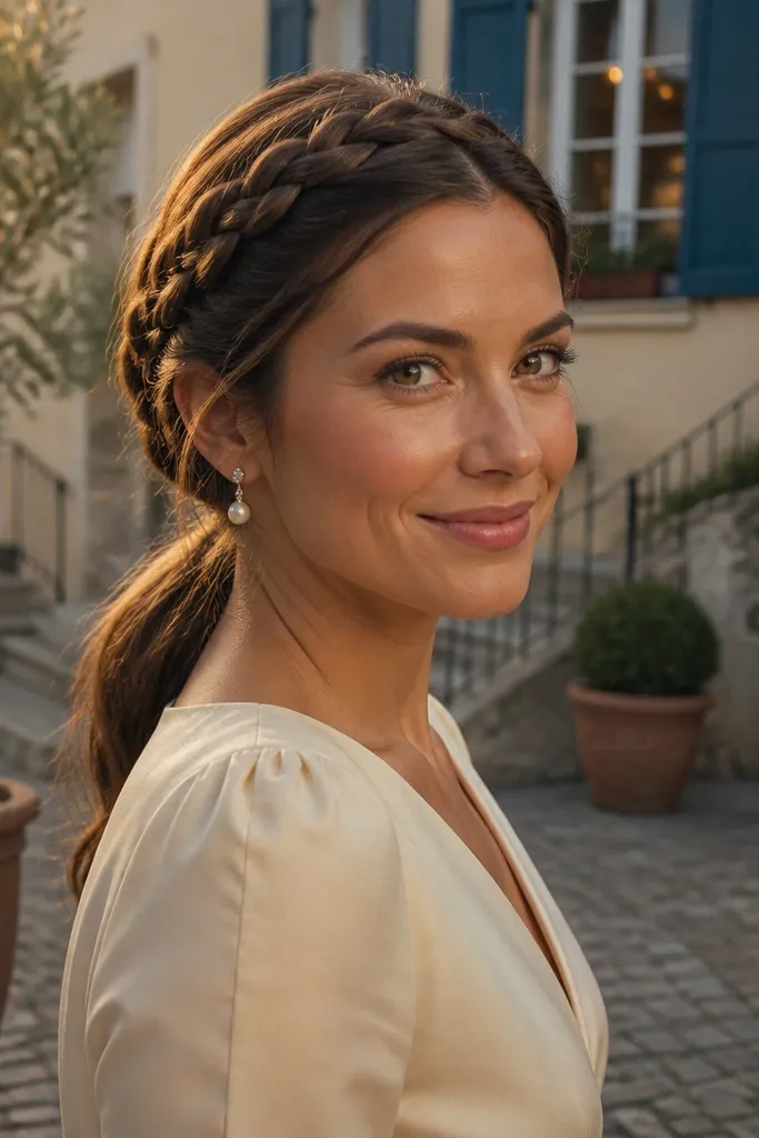 Crown braid leading into a low ponytail with soft waves