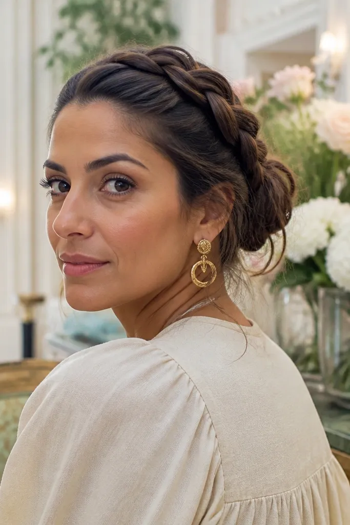 Dutch braid at the top blending into a messy bun